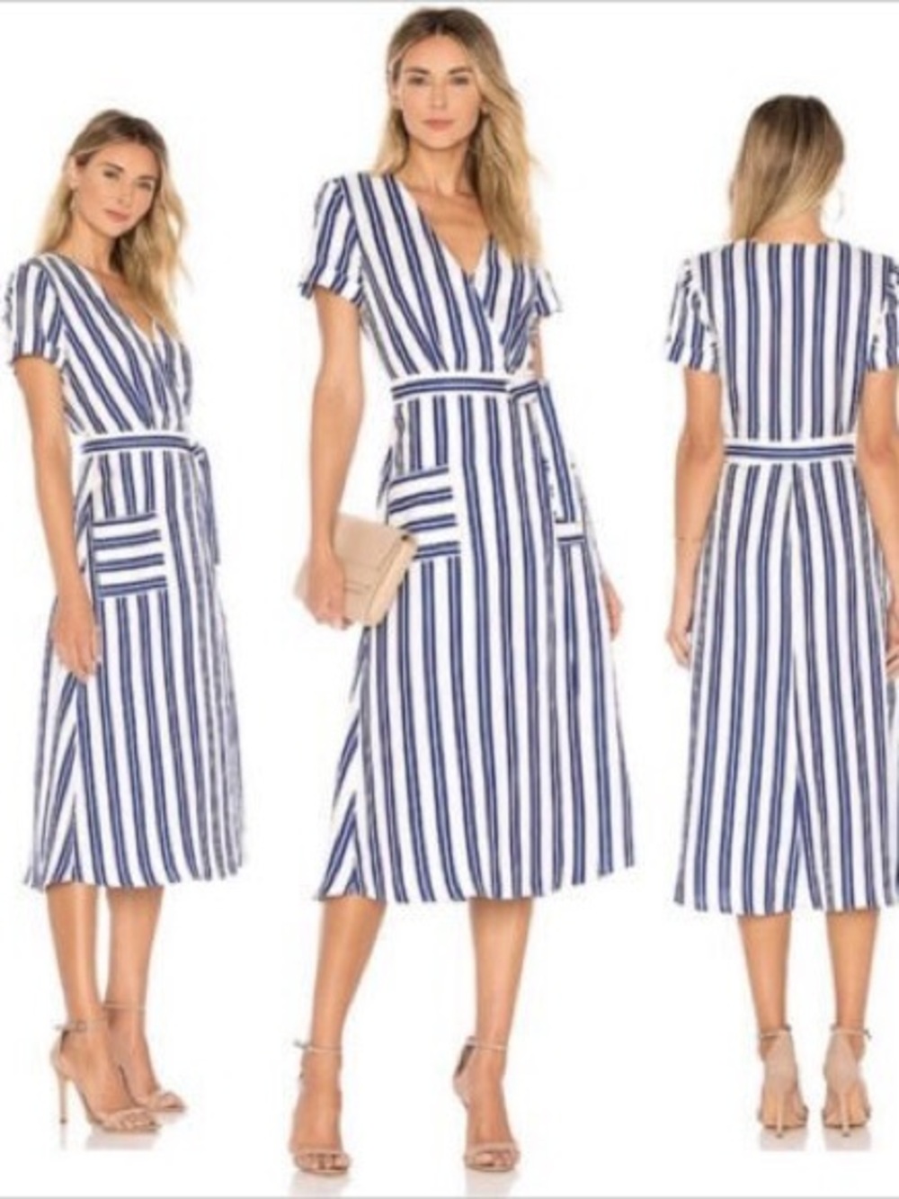 L’Academie Tuscy Linen Blend Midi Wrap Dress in Ocean Stripe
